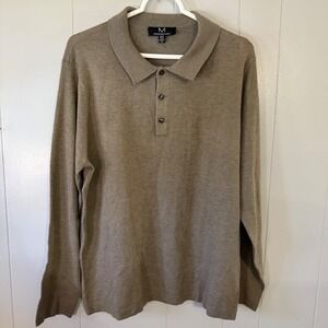 Magaschoni Polo Sweater Mens‎ Medium Taupe Long Sleeve Wool Blend Knit 4684